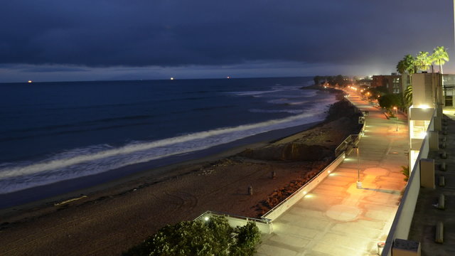 Time lapse of waves breaking below the Ventura Promenade at predawn in Ventura, California.