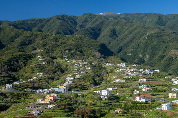 View towards Cumbre Mountain Ridge from Mirador de San Bartolomé alongside the east coast north of Santa Cruz on the island La Palma, Canary Islands, Spain