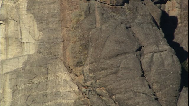 Slow, close-up pan of Mt. Rushmore faces