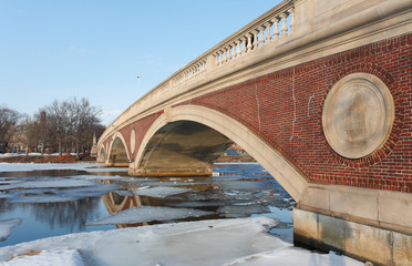 Boston Skyline Showing John W. Weeks Bridge at Winter Afternoon Sunset, Boston, Massachusetts, USA