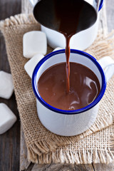 Hot chocolate pouring in a cup