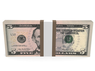 Pack of banknotes. Five dollars.