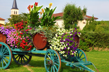 Flower decorated wine cart in Beaujolais, France