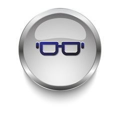 Glasses dark blue vector icon on a glossy glass button with chro
