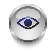 Eye dark blue vector icon on a glossy glass button with chrome o