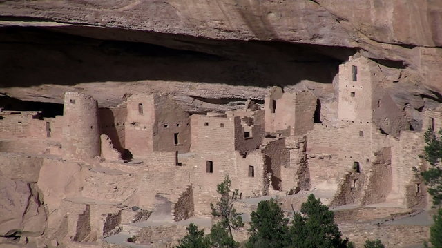 Pan across ancient American Indian dwellings at Mesa Verde, Colorado.