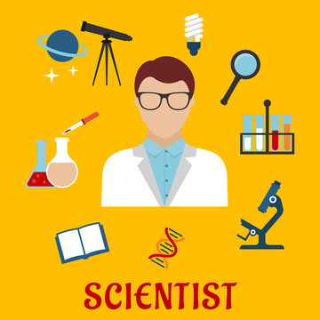 Scientist and laboratory equipment flat icons