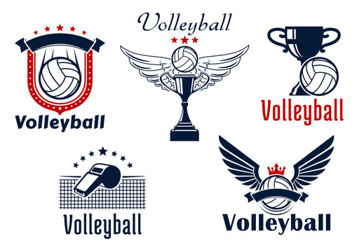 Volleyball game emblems with sport items