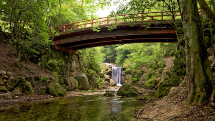 Waterfall and bridge in Japan forest