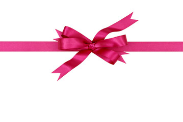 Pink gift ribbon and bow straight horizontal banner isolated on white background for birthday present or decoration vertical photo