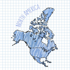 Blue pen hand drawn North America map vector on paper