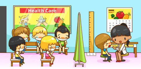 Cartoon doctor or pediatrician diagnoses group of kindergarten student children with contagious flu infection disease in school hospital ward, create by vector 