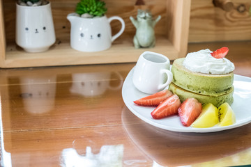 green tea pancake with mixed fruit