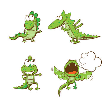 Four cute cartoon dragons. Vector set.