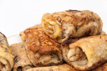 Stuffed pancakes rolled bacon sour cream salami cheese