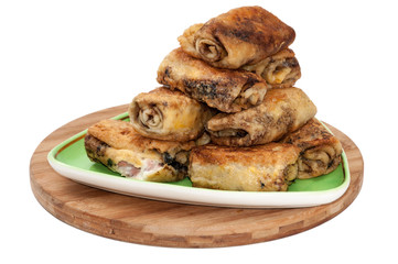 Stuffed pancakes rolled bacon sour cream salami cheese