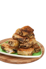 Stuffed pancakes rolled bacon sour cream salami cheese