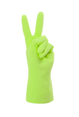 Green cleaning glove, victory sign