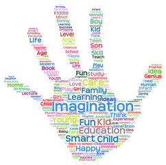 Conceptual child education hand print word cloud isolated