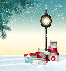 Christmas greeting card, gift boxes with vintage clock in winter