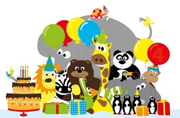 Obraz na płótnie Canvas group of funny, happy cartoon animals with balloons, birthday party / vectors illustration for children
