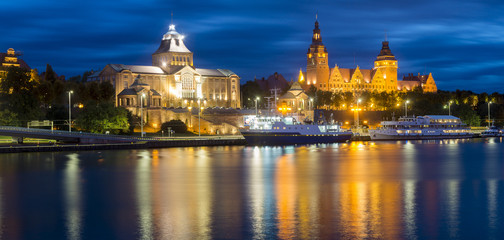 Obraz na płótnie Canvas Night panorama terraces Haken in Szczecin, Poland