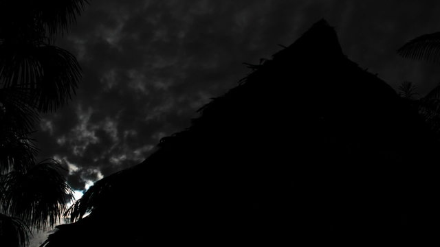 Jungle hut silhouetted at night