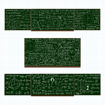 Vector set with school blackboards with handwritten mathematical calculations, plots and figures