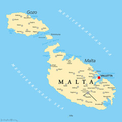 Malta political map with capital Valletta and important cities. English labeling and scaling. Illustration.