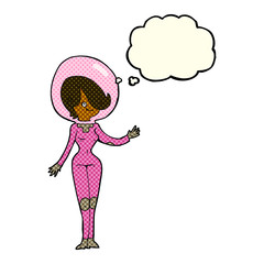 cartoon space woman with thought bubble