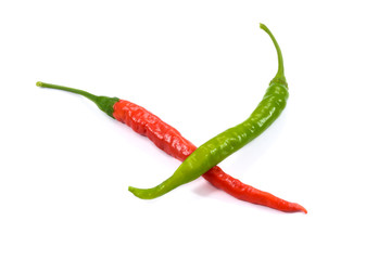Red and Green chili hot peppers on white background