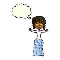 cartoon worried victorian woman with thought bubble