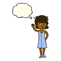 cartoon pretty woman waving with thought bubble