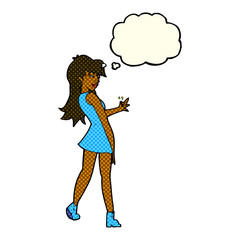cartoon woman posing in dress with thought bubble