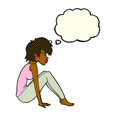 cartoon woman sitting with thought bubble