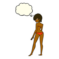 cartoon woman in bikini with thought bubble