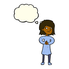cartoon happy woman with thought bubble
