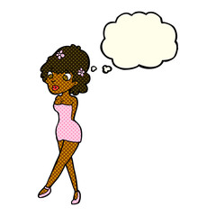 cartoon woman posing in dress with thought bubble