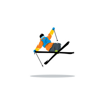 Free Style Skier Performing A High Jump. Vector Illustration.