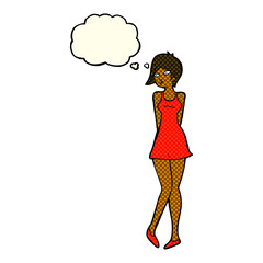 cartoon pretty woman in dress with thought bubble