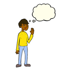 cartoon waving man with thought bubble