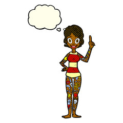 cartoon woman covered in tattoos with thought bubble