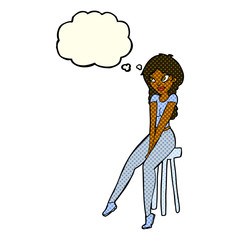 cartoon pretty girl on stool with thought bubble