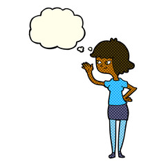 cartoon friendly girl waving with thought bubble
