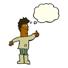 cartoon positive thinking man in rags with thought bubble