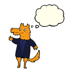 cartoon fox businessman with thought bubble