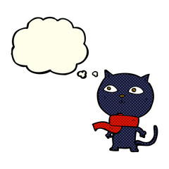 cartoon black cat wearing scarf with thought bubble