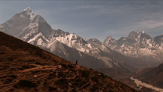 Wide shot of trail to basecamp with trekker walking