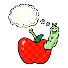 cartoon bug eating apple with thought bubble