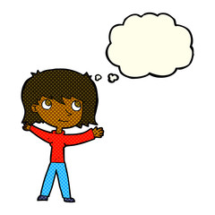 cartoon happy girl with thought bubble